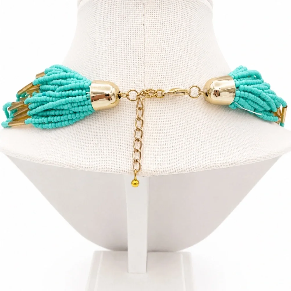 Turquoise and Gold Multi-Strand Seed Bead Necklace